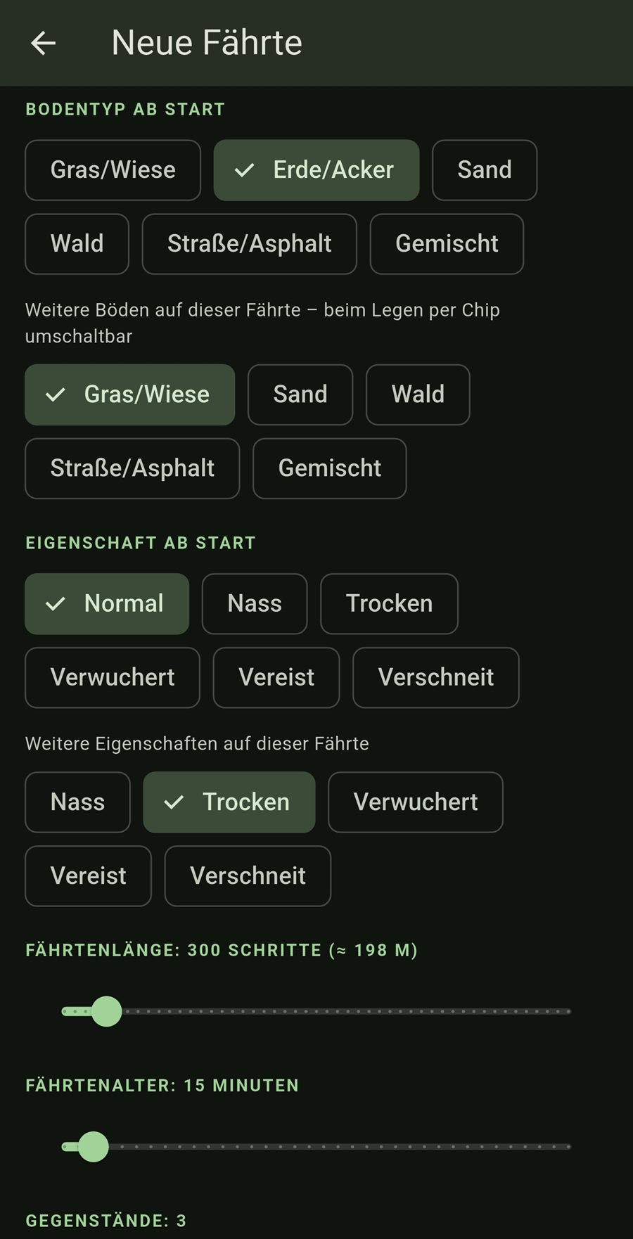 Vorgaben einer neuen Fährte: Bodentyp und Bodeneigenschaft ab Start, weitere Böden für unterwegs sowie Regler für Fährtenlänge, Fährtenalter und Anzahl der Gegenstände
