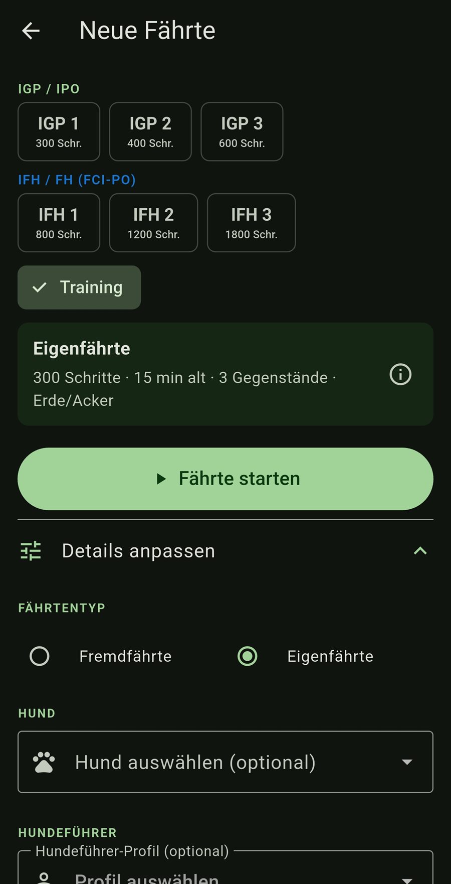 Neue Fährte anlegen: Prüfungsstufen IGP 1 bis 3 und IFH 1 bis 3 mit ihren Schrittvorgaben, Training-Modus und aufklappbare Details zu Fährtentyp und Hund