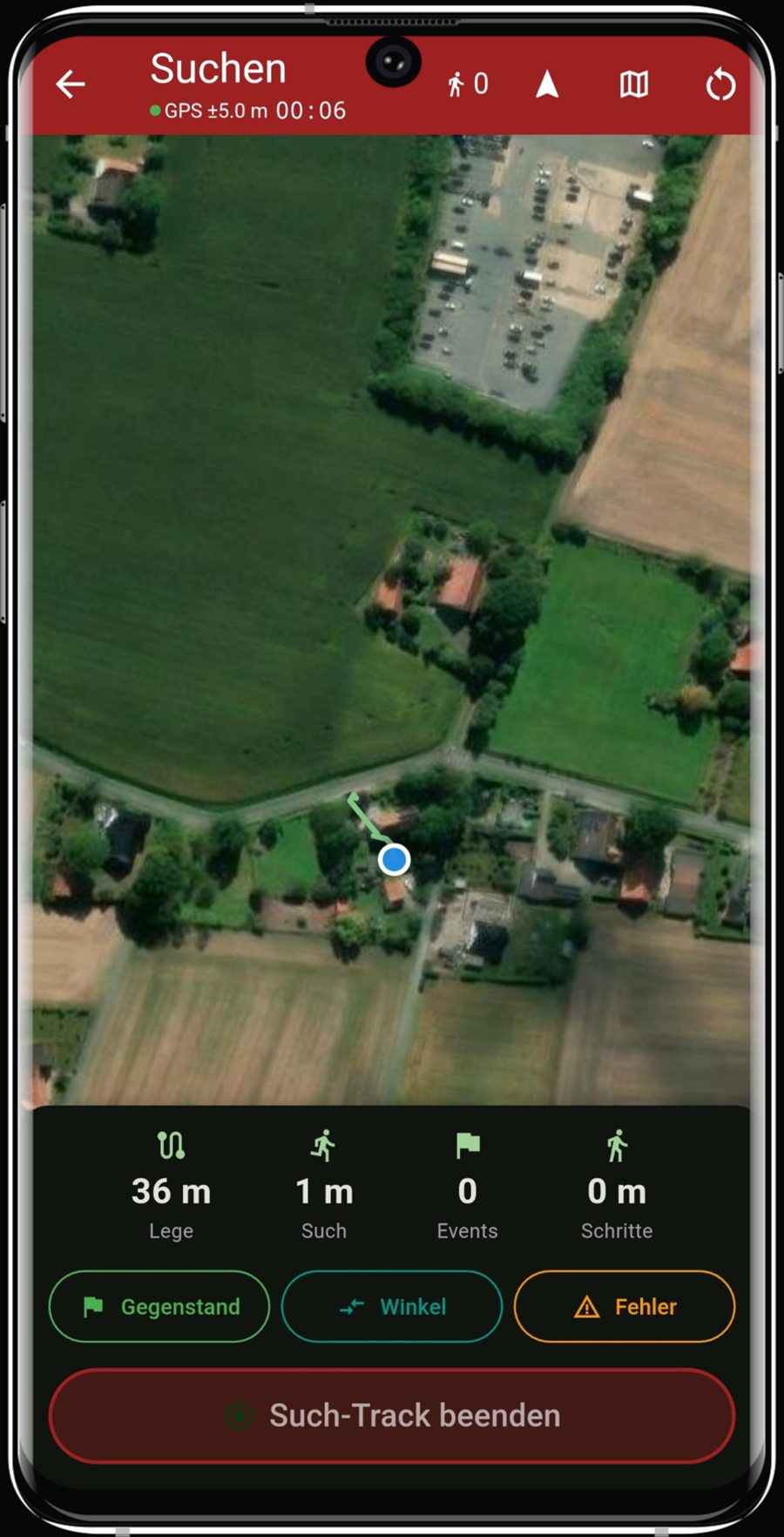 Suchmodus in TrackMaster IGP: Live-Karte mit Lege- und Suchstrecke sowie Tasten für Gegenstand, Winkel und Fehler